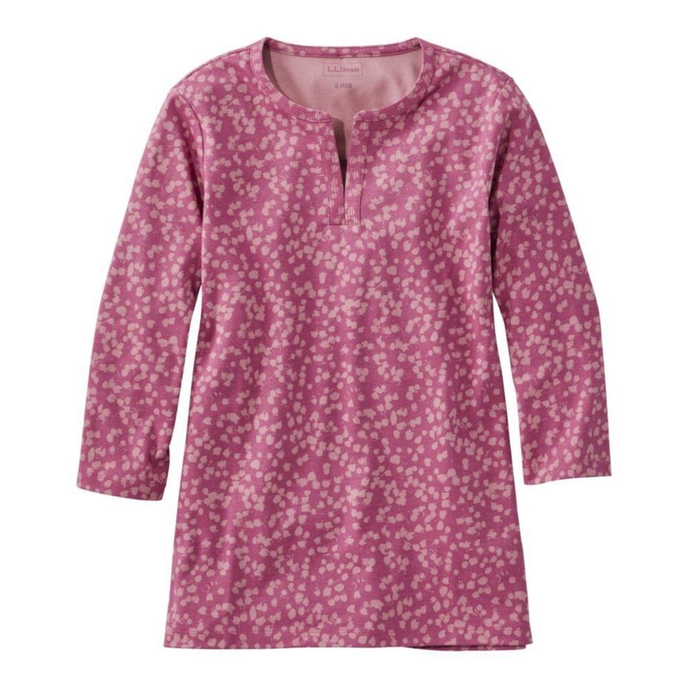 LL Bean Cotton Tee Split neck 3/4 Sleeve Mauve Pink Dot Womens Size XL Casual